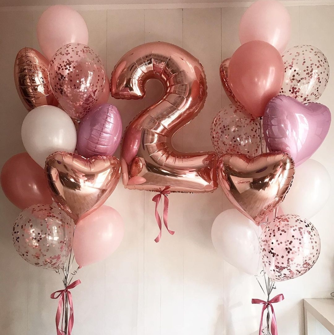 интерьерный набор шаров розовое золото с цифрой и шарами на пол