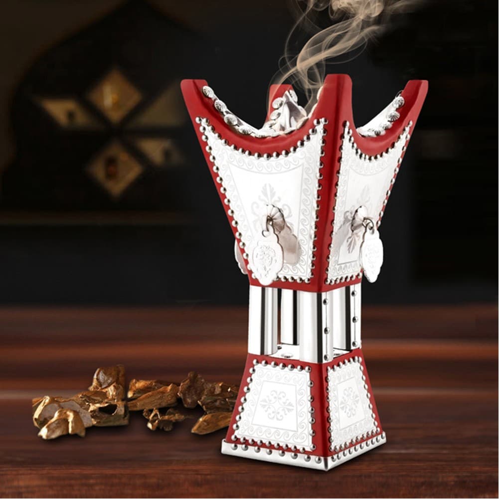 ALSANIDI, Traditional Incense Burner, Red*Silver, Size14*14*29Cm
