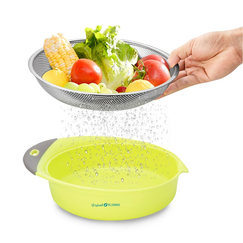 ALSANIDI, Stainless steel rice strainer, Rice, Vegetables and fruits strainer, Green, Size 27.5*8.2 Cm