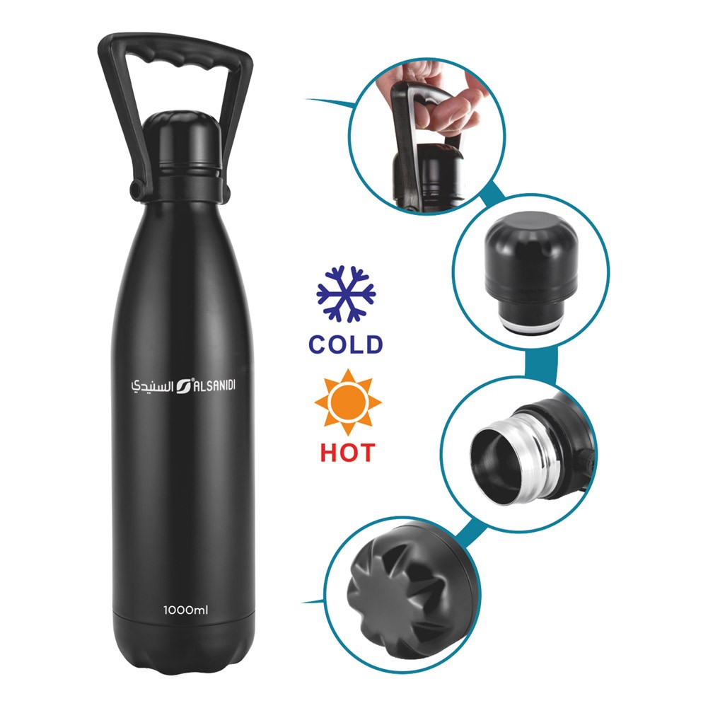 ALSANIDI, Hot and cold Stainless steel thermos, Sport liquid Bottle, Black, capacity 1 L