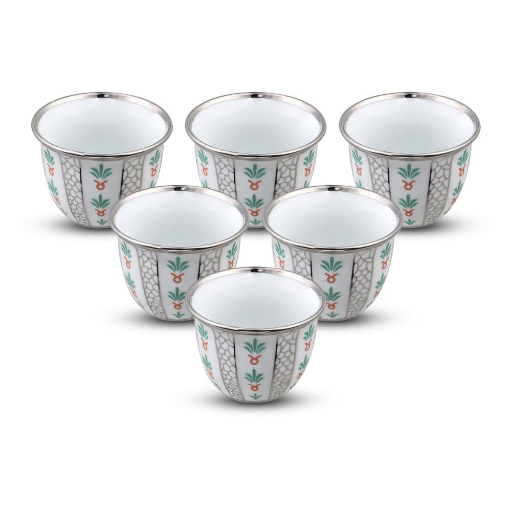 ALSANIDI, Ceramic Arabic coffee cup with a paLm Leaf pattern, Arabic coffee cup, Silver, Set 6 pcs