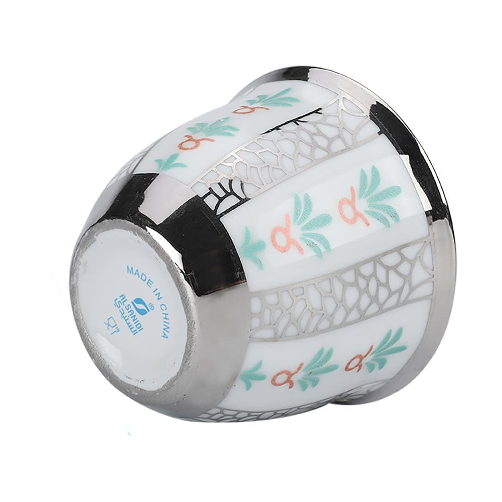 ALSANIDI, Ceramic Arabic coffee cup with a paLm Leaf pattern, Arabic coffee cup, Silver, Set 6 pcs