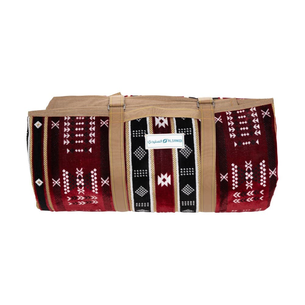 Alsanidi, a floor seating mat for trips, camping, and desert outings, padded with sponge, traditional rug, wooden *oudi.