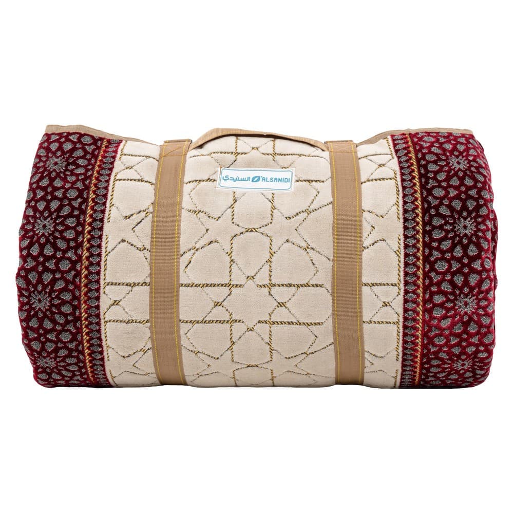 Alsanidi, a floor seating mat for trips, camping, and desert outings, padded with sponge, traditional rug, wooden *oudi.
