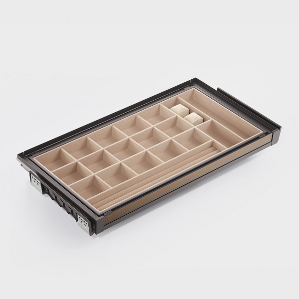 Выдвижная полка для аксессуаров со стеклянной панелью Unihopper 600 мм с доводчиком clip-on NAKA