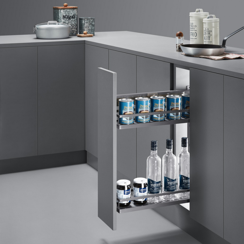 Выдвижная корзина UNIHOPPER 110Х465Х510 левая в базу 150мм, с разделителями, серая, с доводчиком