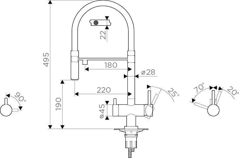 Смеситель Kanto-GM, латунь, вороненая сталь/красный гибкий шланг