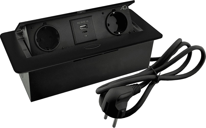 Горизонтальная, 2хEURO+2хUSB A+C, полуавтомат, черный, 263х117х65мм, металл/пластик, AQ