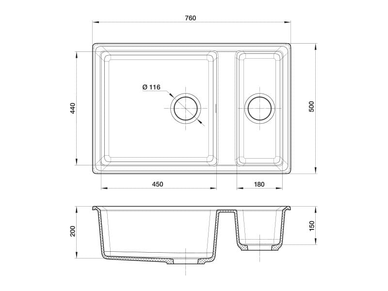 Мойка GranFest LEVEL 760K, 760х500 мм, графит