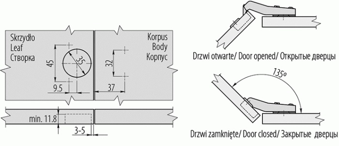 GTV Петля 45*, с планкой 2мм, БЕЗ доводчика, с еврошурупом, 45мм