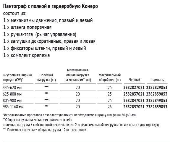 Пантограф Конеро, 625-808мм, нагрузка 12 кг, с креплением под полку, шампань, Kessebohmer