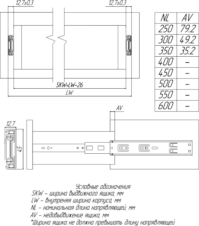 Направляющие полновыкатные, 45х500мм, с ДОВОДЧИКОМ, 40кг, 1,2/1,2/1,4, AQ