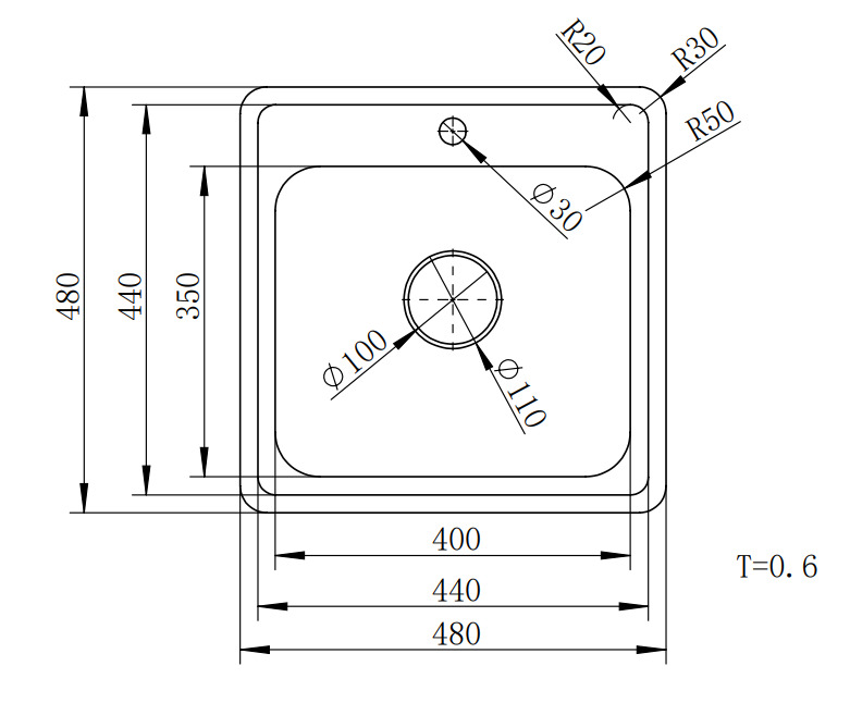 Мойка врезная, 480х480х160х0,6мм, глянец, универсальная+сифон, CMF