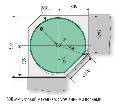 Механизм Твистер 600мм в угловой шкаф, h=659-769мм, 2 полки + рама + крепеж, антрацит, Kessebohmer