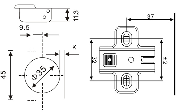 GTV Петля -45*, с планкой 4,5мм, без доводчика, БЕЗ еврошурупа, 45мм