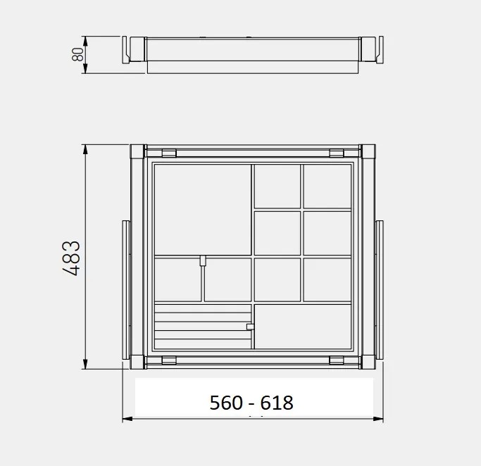 Корзина с органайзером в шкаф на 600мм, 485х560х80мм, полное выдвижение, с доводчиком, антрацит