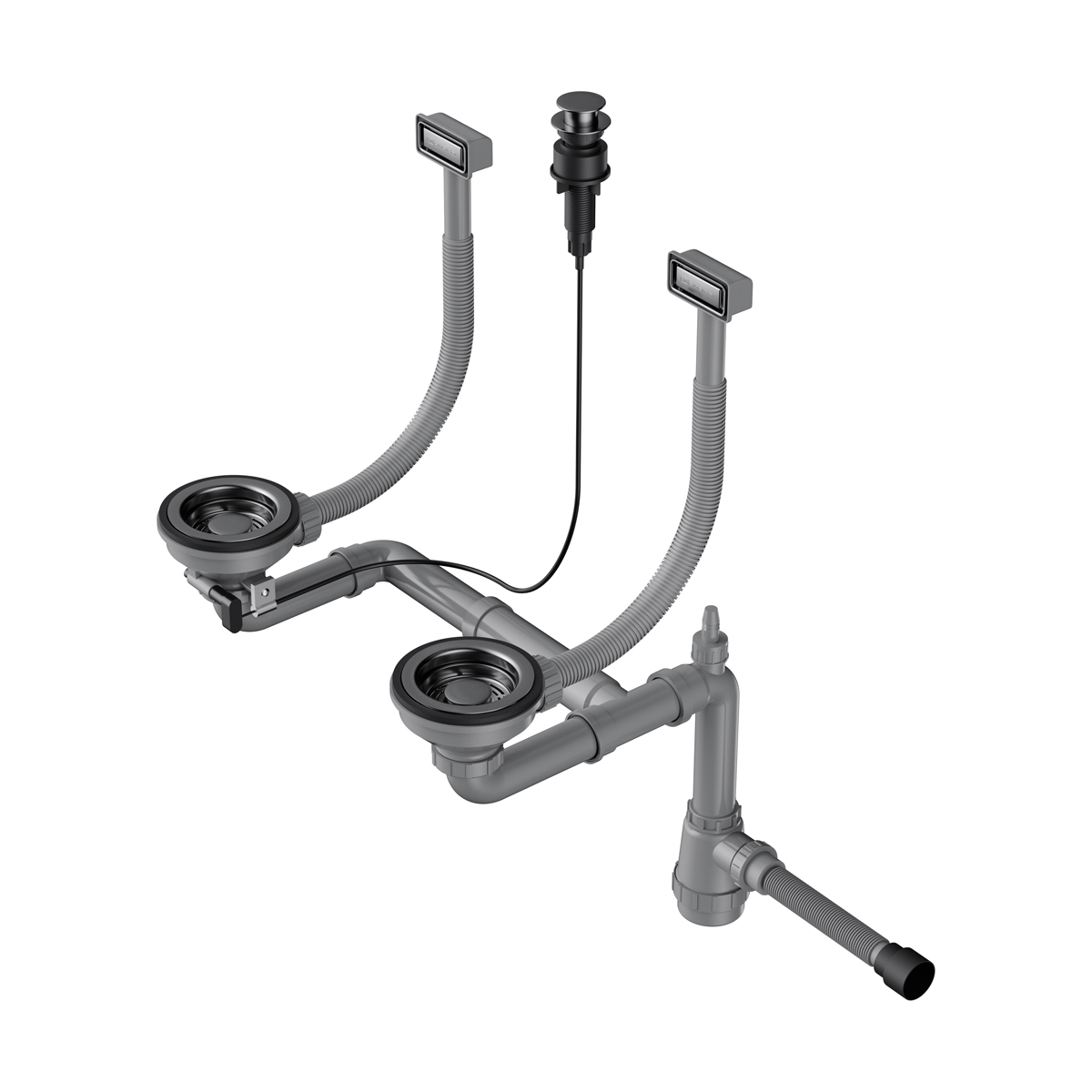 Арматура для двухчашевых моек WK-2-A-GM, прямоуг. перелив, клапан-автомат, вороненая сталь