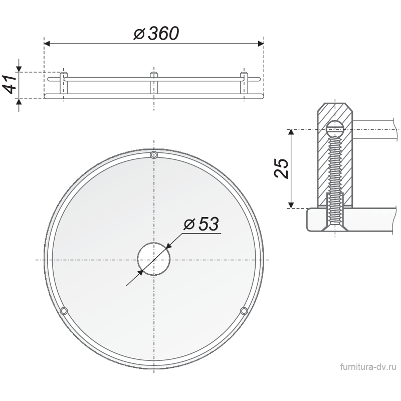 Полка боковая стеклянная с рейлингом, d=350мм, бронза