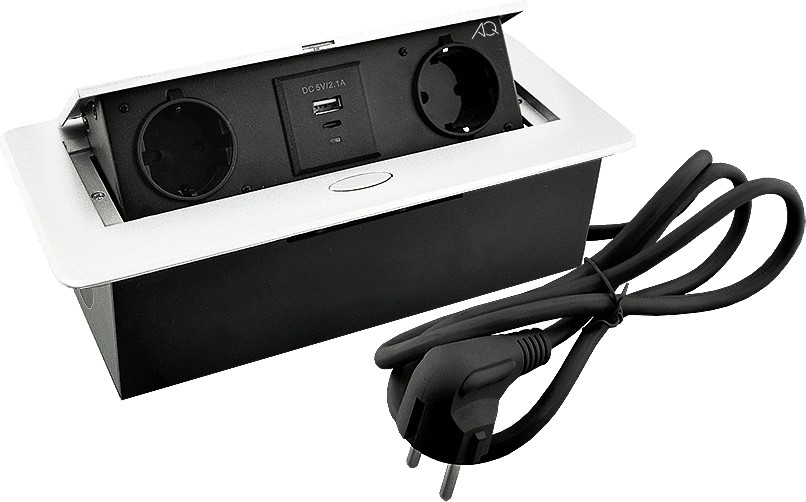 Горизонтальная, 2хEURO+2хUSB A+C, полуавтомат, белый, 263х117х65мм, металл/пластик, AQ