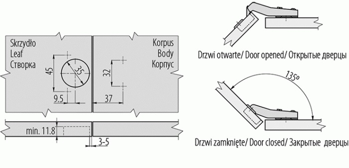 GTV Петля 45*, с планкой 0мм, с доводчиком, БЕЗ еврошурупа, 45мм