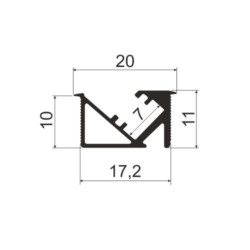 Профиль врезной угловой 20х11х3000мм, лента ≤5мм, латунь (без диффузора), LD 01