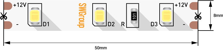 Лента  8х1.5х5000мм, SMD 2835, 12В, теплый, 4.8 Вт/м, 60 диодов/м, 200 Лм/м, IP20, SWG
