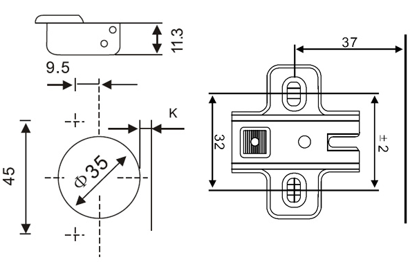GTV Петля -30*, с планкой 4,5мм, без доводчика, БЕЗ еврошурупа, 45мм