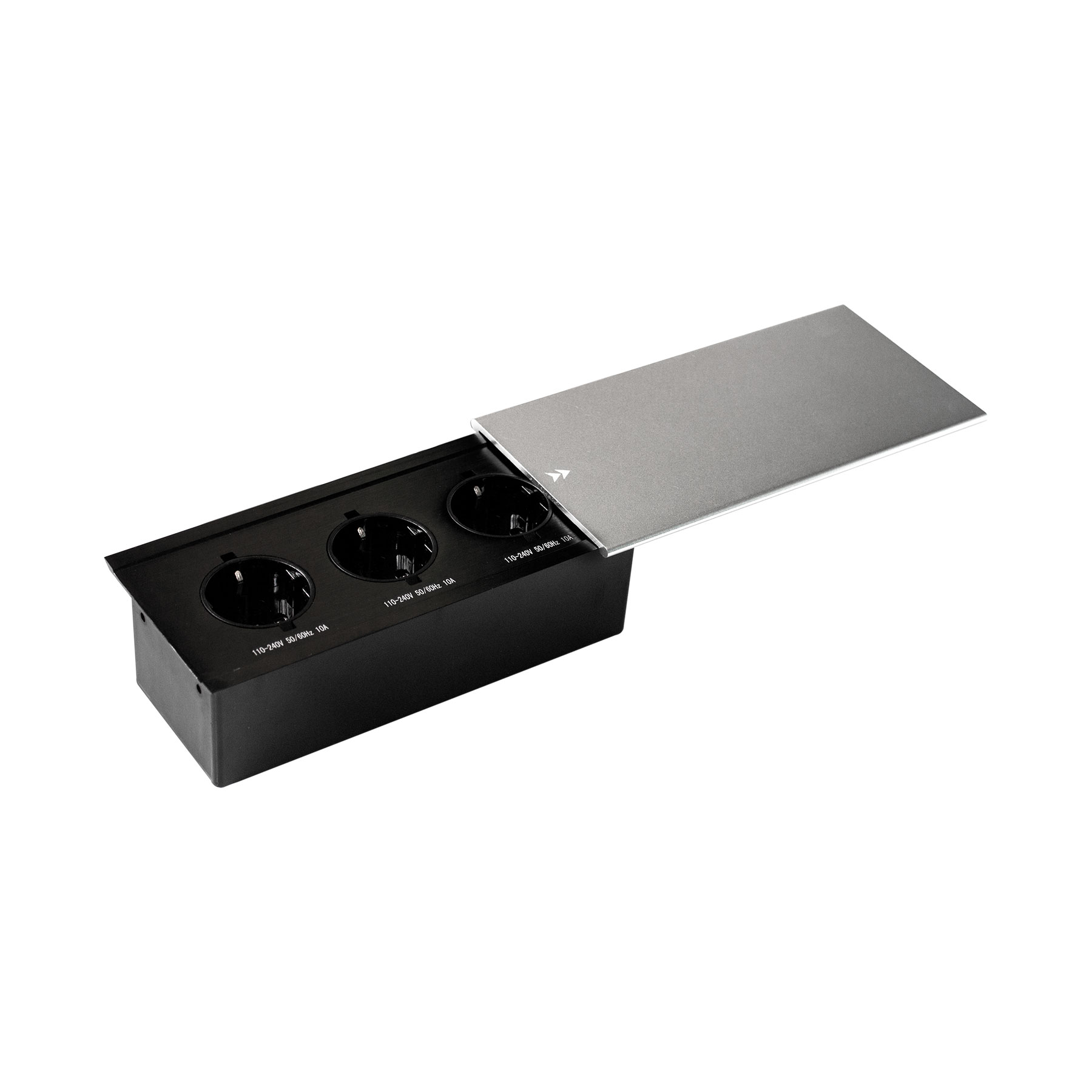 Встраиваемая, 3хEURO, сдвижн. крышка, серебро, усовое заземл., алюминий/железо, Mebax