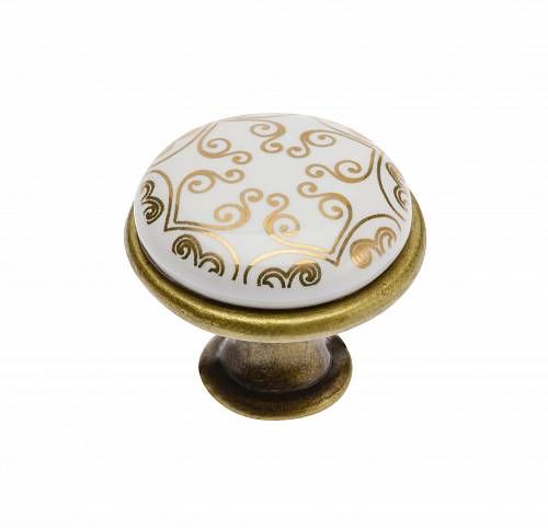 Ручка-кнопка, GP-0728, d=28мм, металл/керамика, старое золото/белый с орнаментом (золото), GTV
