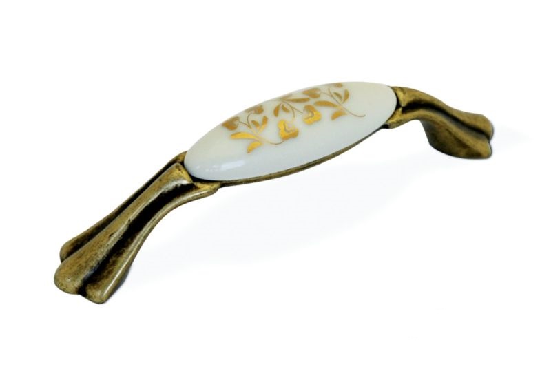 Ручка-скоба, M75Х01, 96мм, металл/керамика, античная бронза/белый с орнаментом