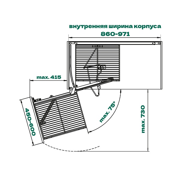 Волшебный уголок Комплект 450-600мм, H 525мм, в угловой шкаф, 4 полки, левый, антрацит, Kessebohmer