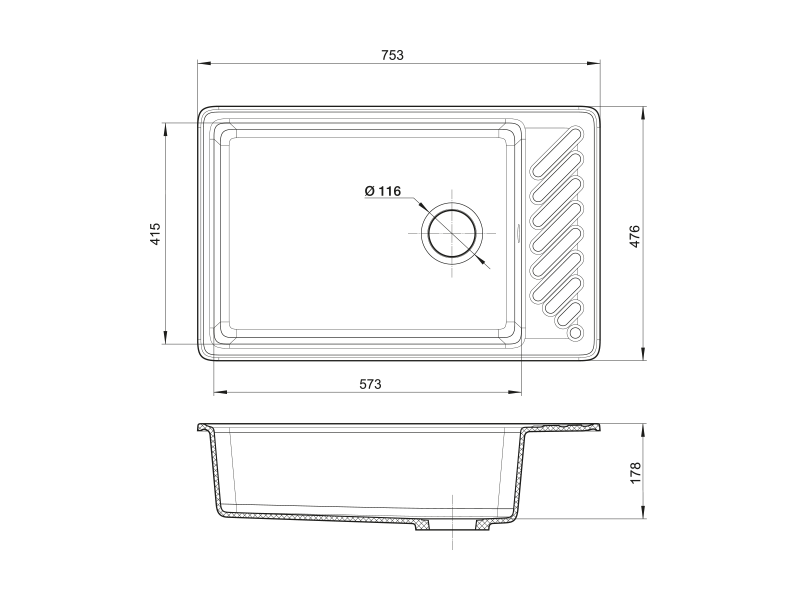Мойка GranFest QUARZ 51, 753х476 мм, серый (прямоугольная, без сифона)