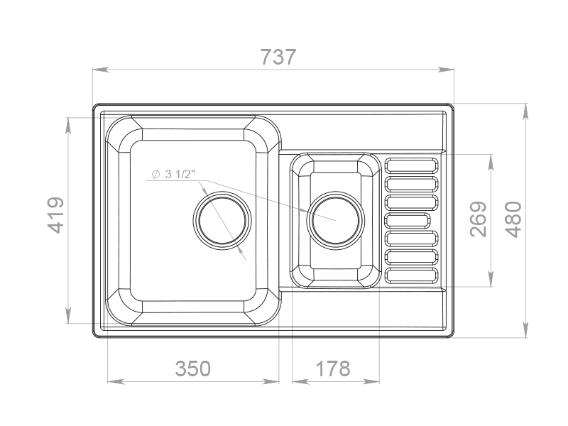 Мойка GranFest QUARZ 21К, 737х480 мм, песочный (прямоугольная, 1,5 чаши, без сифона)