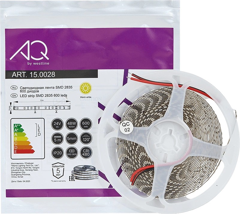 Лента  5х5000мм, SMD 2835, 24В, теплый, 9.6 Вт/м, 120 диодов/м, 1 350 Лм/м, IP20, AQ