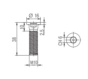 Винт для опор серии 10/04, M10, L=38мм, шляпка плоская под шестигранник, Volpato