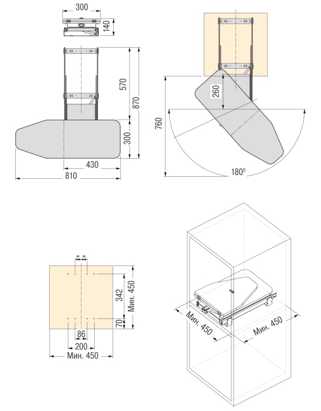 Гладильная доска 300х440х130мм, складная, поворотная, выдвижной монтаж, в шкаф 400мм, серый, Pluse