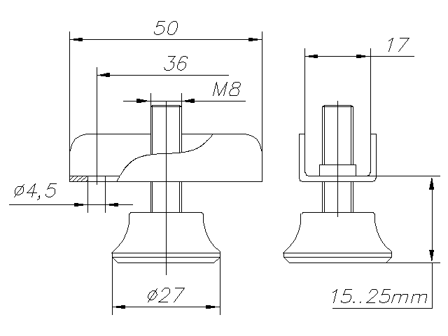 Опора регулируемая М8 с металлической скобой под плиту 16мм и пяткой Ø27 мм, бежевый