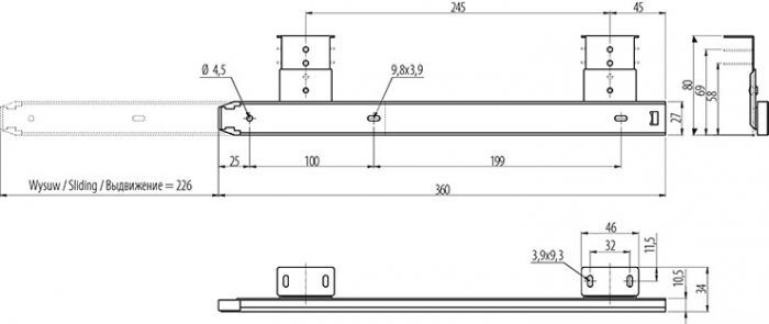 Направляющие шариковые для клавиатуры, неполного выдвижения, h=27мм, L=350мм, цинк, GTV