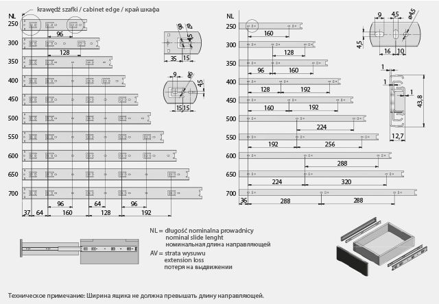 Направляющие полновыкатные h=45мм, L=500мм, хром, 1,0х1,0х1,0