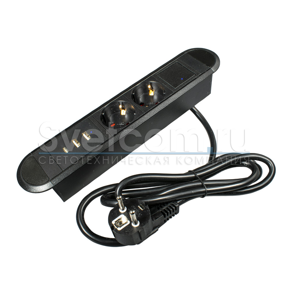 Встраиваемая, 2хEURO+2хUSB A+1хUSB C, черный, кнопка выкл., 272х54х45 мм, алюм./пластик, GLS