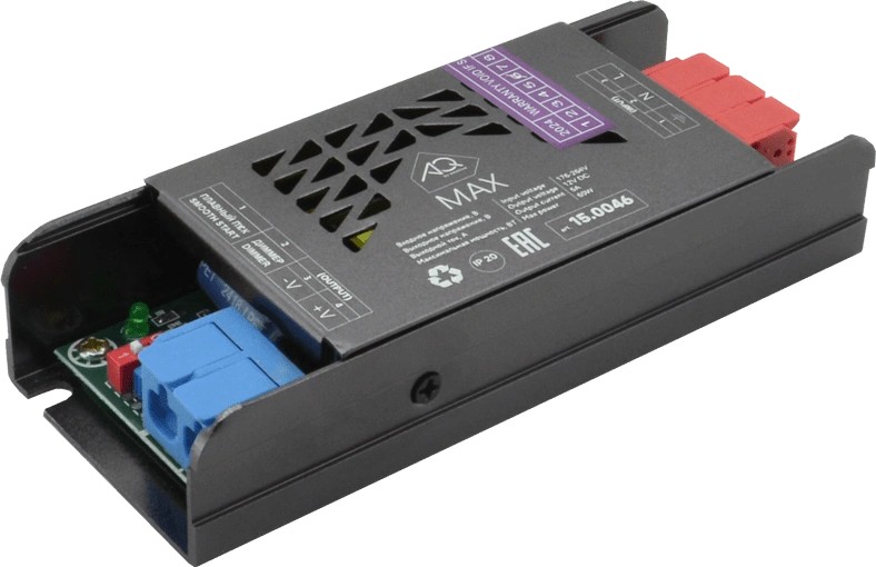 Трансформатор  60W/12V, IP20, компактный, без шнура, металлический, MAX AQ