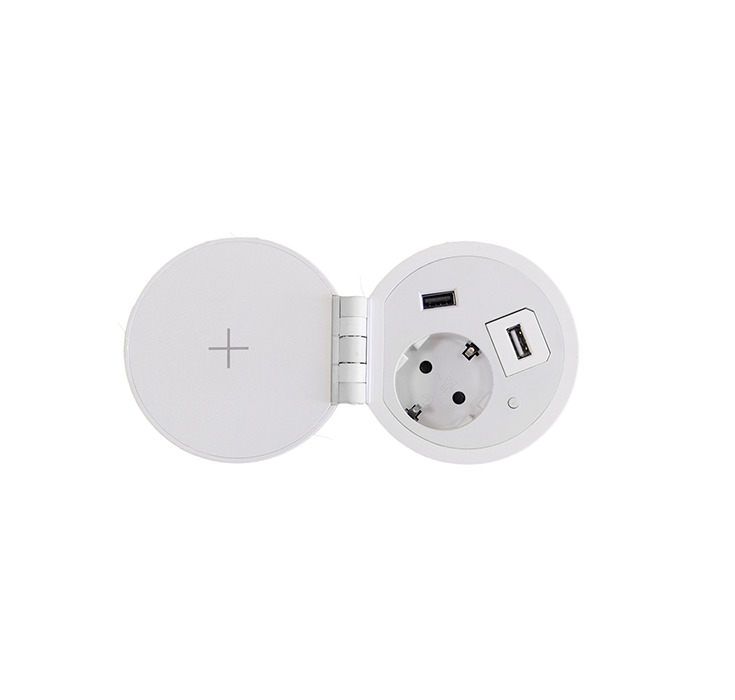 Встраиваемая, 1хEURO+2хUSB А+беспр.зарядка Qi, Ø60мм, откидн. крышка, пластик, белый, G51