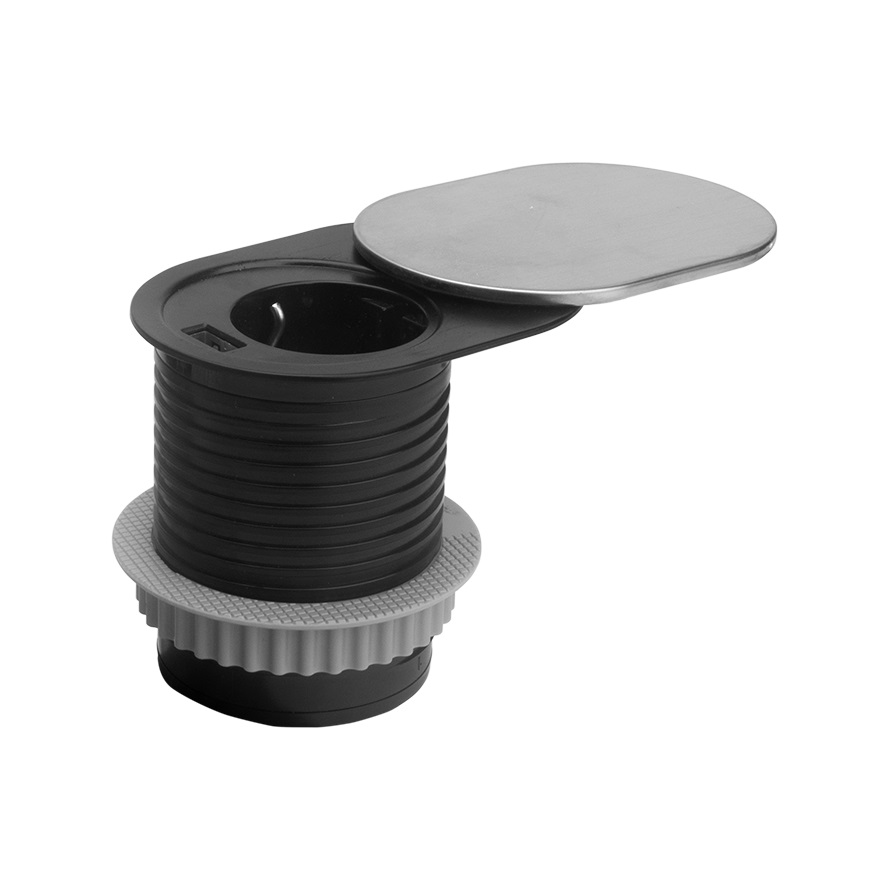 Встраиваемая, 1хEURO+1хUSB, Ø60мм, сдвижн. крышка, пластик, серый, Rejs