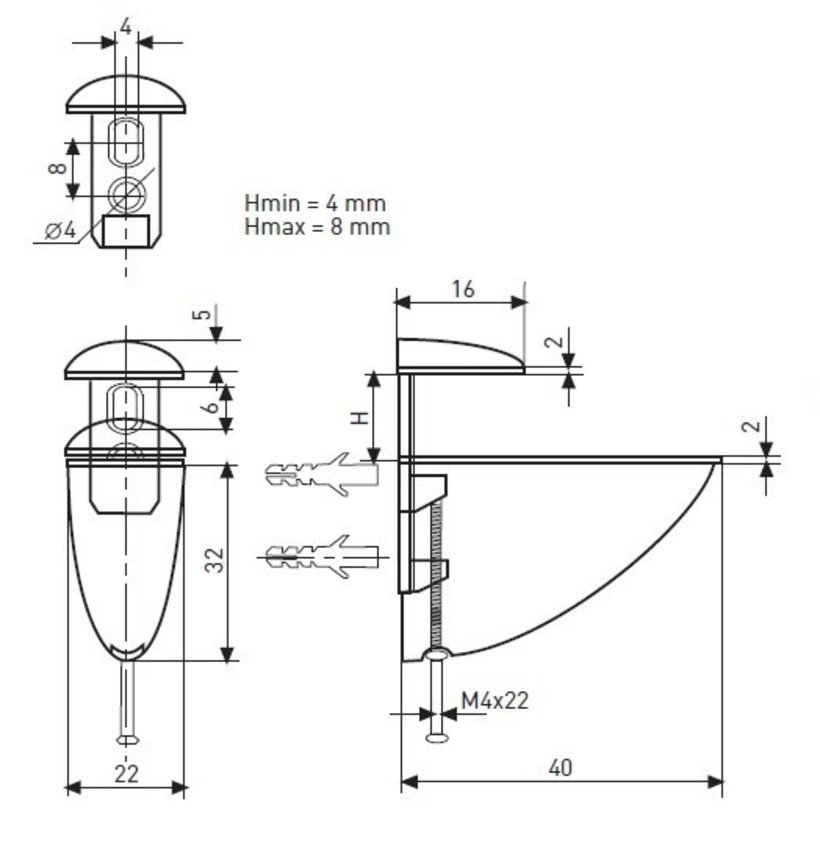 Полкодержатель 304 для ДСП, стекла и пластика, h=8мм, 8кг на пару, металл, браш. бронза, JET