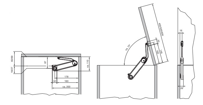 Подъемник Макси Ап (H), Ш=200-1500мм, В=400-800мм, 4-18,8кг, крепл.+доводчик, никель/черное кольцо