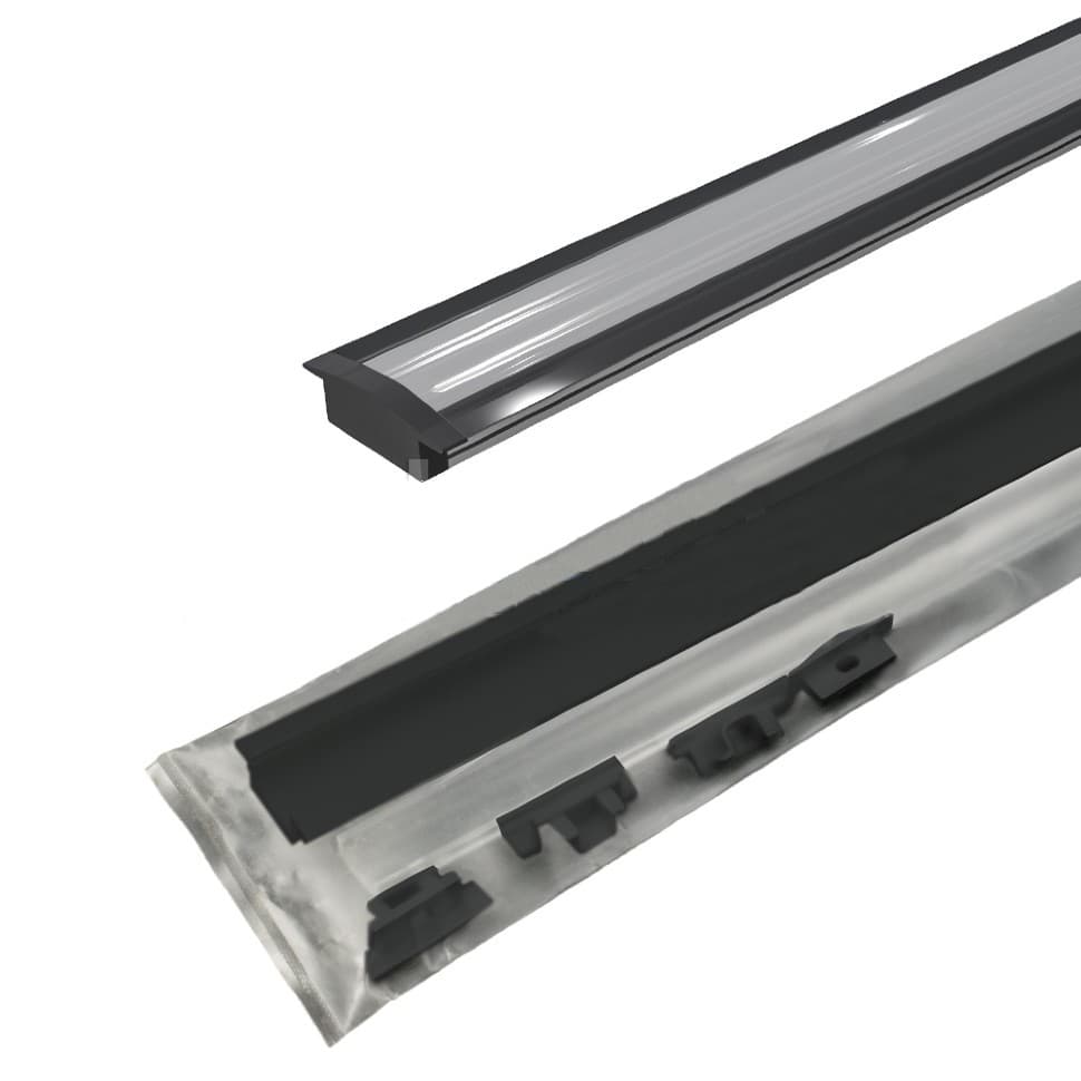 Профиль врезной 25х7х2000мм, лента ≤10мм, черный (диффузор полуматовый, 4 клипсы, 4 заглушки), 2507W