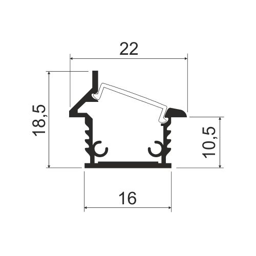 Профиль врезной угловой 22х19х3000мм, лента ≤8мм, черный (без диффузора), LD 03