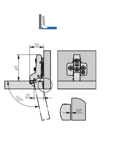 GTV Петля Silento Pro внутренняя, для алюм. рамок, с клипом, с планкой 0мм, доводчик 2way, БЕЗ еврошур