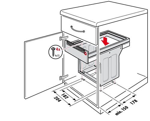 Система сортировки "Tandem", 2х15л, 251х480х400мм, в шкаф 300мм, пластик, темно-серый