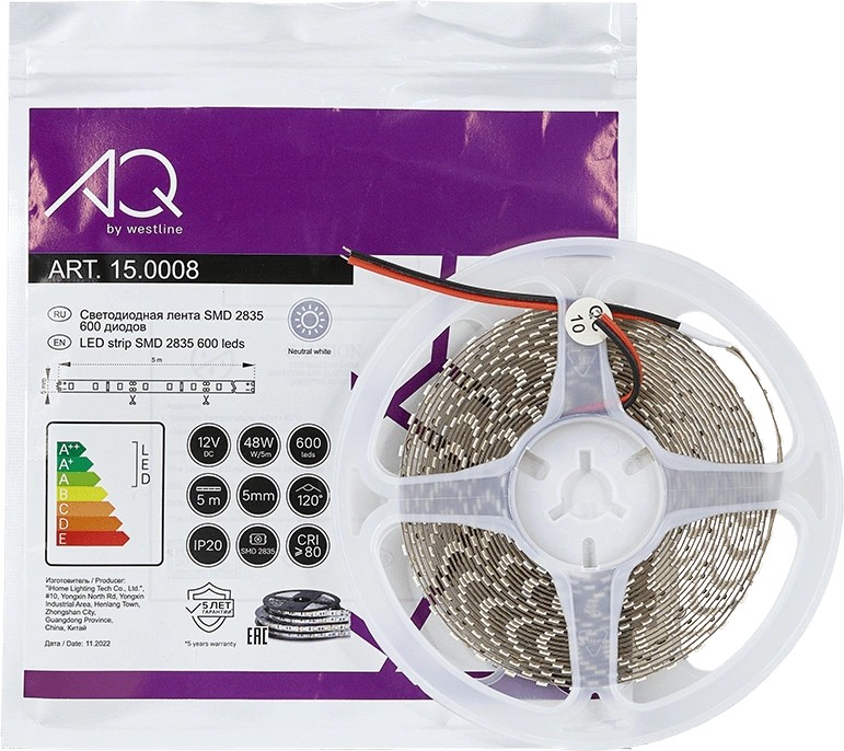 Лента  5х5000мм, SMD 2835, 12В, нейтральный,  9.6 Вт/м, 120 диодов/м, 1 250 Лм/м, IP20, AQ